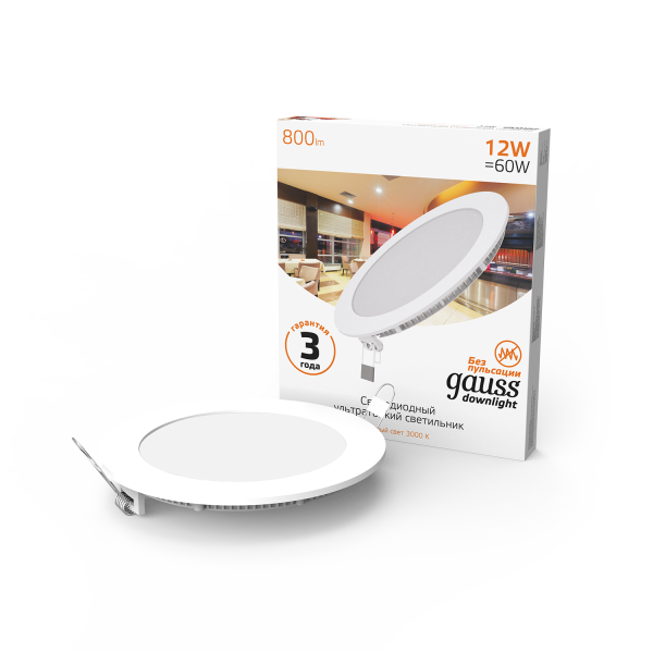 Купить Gauss Светильник Slim круг 12W 880lm 3000K 180-265V IP20 монтаж Ø155 170*22 LED 939111112