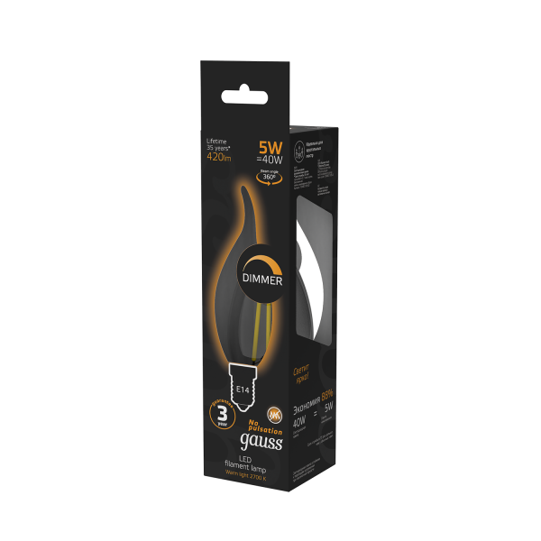 Купить Gauss Лампа Filament Свеча на ветру 5W 420lm 2700К Е14 диммируемая LED 104801105-D