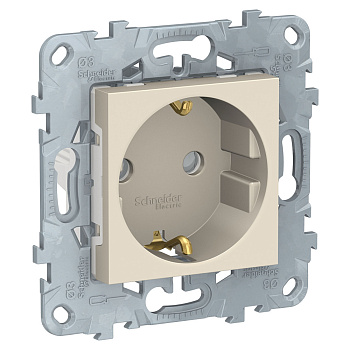SE Unica New Беж Розетка с/з со шторками, винт. зажим, 16А, 250В, NU503744