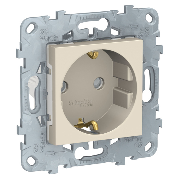 SE Unica New Беж Розетка с/з со шторками, винт. зажим, 16А, 250В, NU503744