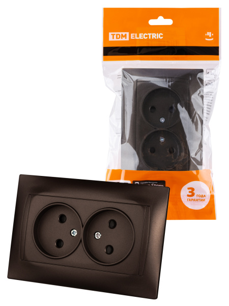 TDM Розетка двойная 2П 10А 250В с защ. шт. шоколад "Лама" SQ1815-0512