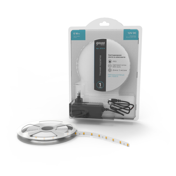 Купить Gauss Лента Basic в комплекте 12V 6W/m 600lm/m 4000 IP65 LED 5m 1/80 BT014