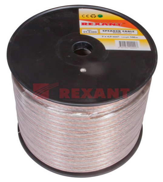 Купить Кабель акустический, 2х4.00 мм², прозрачный SILICON, 100 м. Rexant 01-6309