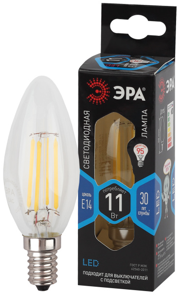 ЭРА F-LED B35-11w-840-E14 (филамент, свеча, 11Вт, нейтр, E14)