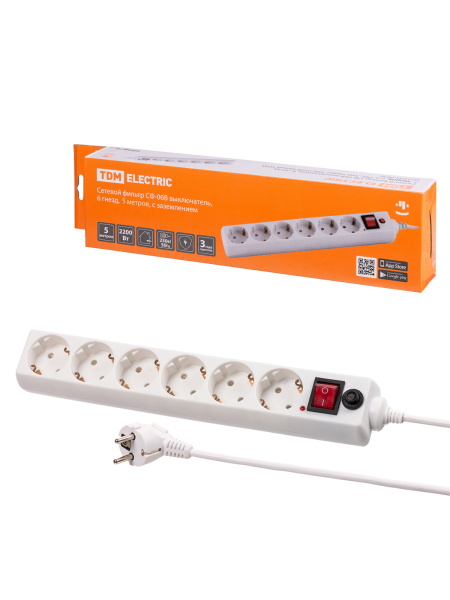 TDM Сетевой фильтр СФ-06В выключатель, 6 гнезд, 5 метров, с/з, ПВС 3х0,75мм2 10А/250В белый SQ1304-0021