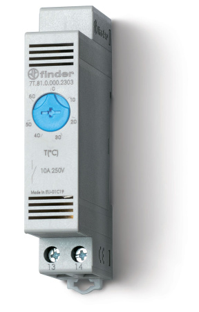 Finder Щитовой термостат для включения охлаждения; диапазон температур 0…+60°C; 1NO 10A; модульный, ширина 17.5мм; степень защиты IP20 7T8100002303