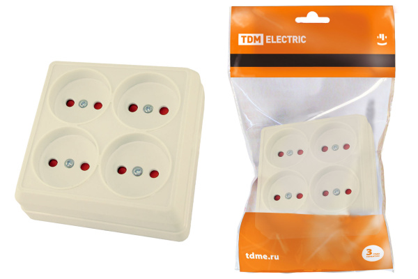 TDM Розетка четырехместная 2П открытой установки IP20 10А с защитными шторками сл. кость "Ладога" SQ1801-0221