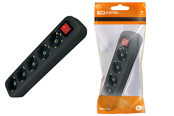 TDM Колодка розеточная 5 гнезд 2П+3 с выключателем16А 250В черная SQ1806-0137