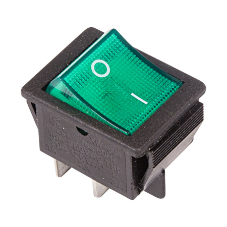 Выключатель клавишный 250V 16А (4с) ON-OFF зеленый с подсветкой Rexant 36-2332