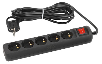 ЭРА Удлинитель электрический UX-5es-5m-B с заземлением с выключателем 5 розеток 5 м ПВС 3x0,75мм2 10А черный