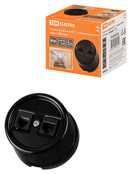 TDM Розетка телефонная RJ11 + компьютерная RJ45 черная «Болонь» SQ1820-0252