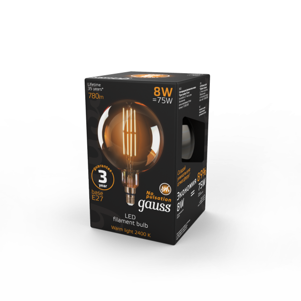 Купить Gauss Лампа Filament G200 8W 780lm 2400К Е27 golden LED 153802008