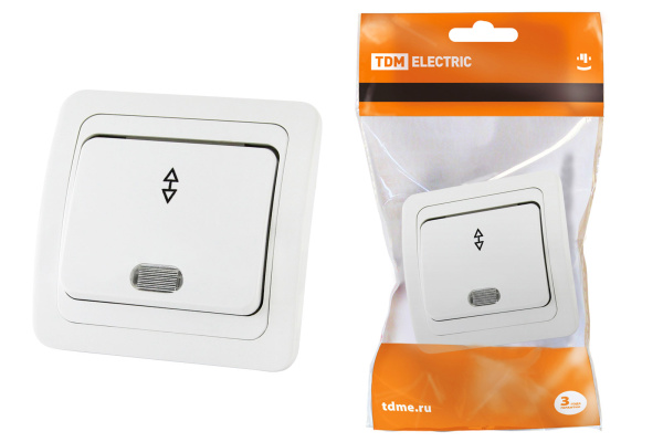 TDM Переключатель на 2 направления с подсветкой 10А белый "Валдай" SQ1804-0005