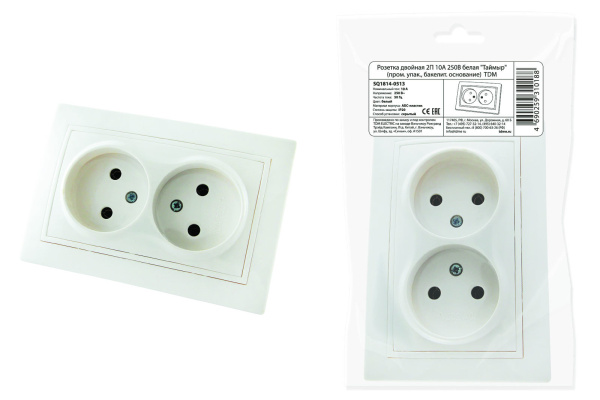 TDM Розетка двойная 2П 10А 250В белая "Таймыр" (пром. упак., бакелит. основание) SQ1814-0513