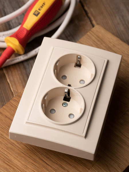 Купить EKF Basic Минск Бежевый Розетка 2-ая, с/з, со шторками, 16А, СП