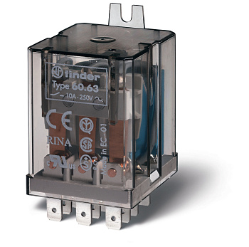 Finder Универсальное электромеханическое реле; монтаж в наконечники Faston 187 (4.8х0.8мм); 3CO 10A; контакты AgNi; катушка 6В DC; степень защиты RTI; 606390060000