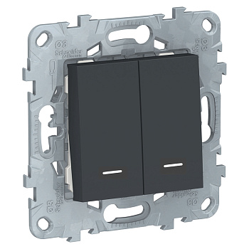SE Unica New Антрацит Выключатель 2-клавишный, 2 модуля, с подсветкой, 2 х сх. 1а NU521154N