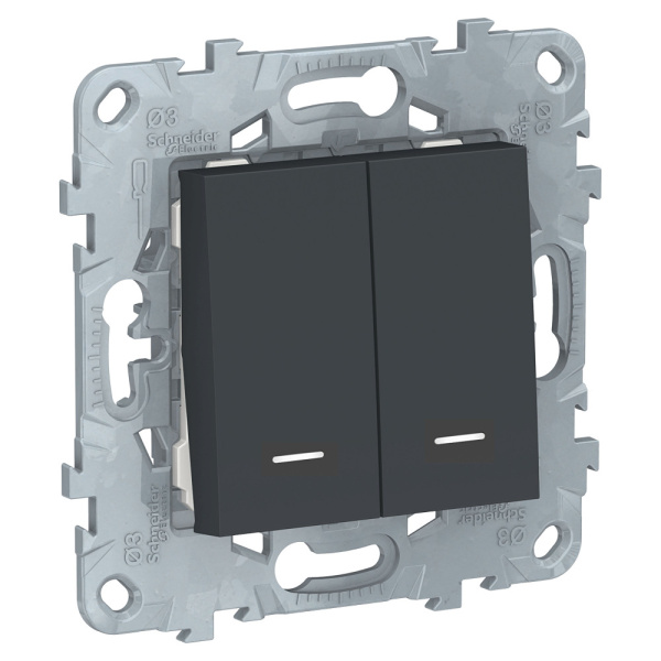 SE Unica New Антрацит Выключатель 2-клавишный, 2 модуля, с подсветкой, 2 х сх. 1а NU521154N