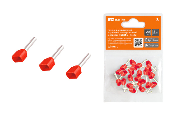 TDM Наконечник штыревой втулочный изолированный (двойной) НШвИ (2) 1,5х12 (20шт) SQ0568-0052