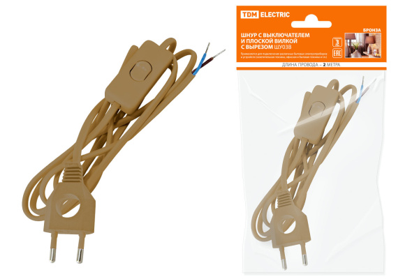 TDM Шнур с выключателем и плоской вилкой с вырезом ШУ03В ШВВП 2х0,75мм2 2 м. бронза SQ1305-0023