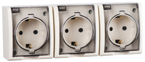 Simon 15 Aqua Бежевая Розетка 3-ая с/з с крышкой наружная, IP54 1594437-031