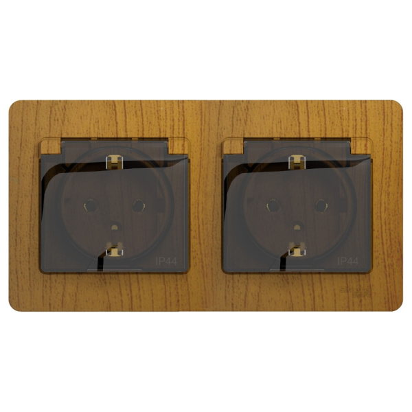 Systeme Electric Glossa Дерево Дуб Розетка 2-ая с/з, со шторками, в сборе, IP44