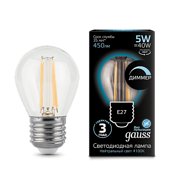 Gauss Лампа Filament Шар 5W 450lm 4100К Е27 диммируемая LED 105802205-D