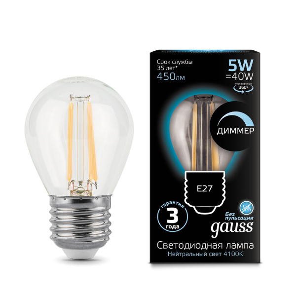 Gauss Лампа Filament Шар 5W 450lm 4100К Е27 диммируемая LED 105802205-D