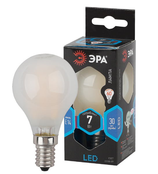 ЭРА F-LED P45-7W-840-E14 frost (филамент, шар мат., 7Вт, нейтр, E14)