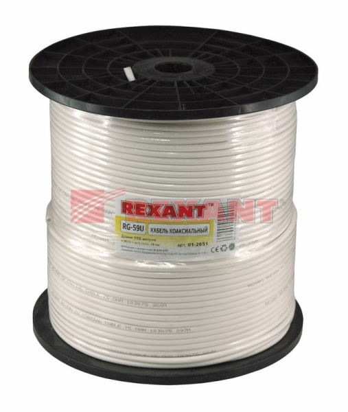 Купить Кабель RG-59U+CU, (64%), 75 Ом, 305м., белый Rexant 01-2651