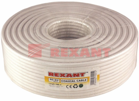 Купить Кабель RG-6U, (64%), 75 Ом, 100м., белый Rexant 01-2201