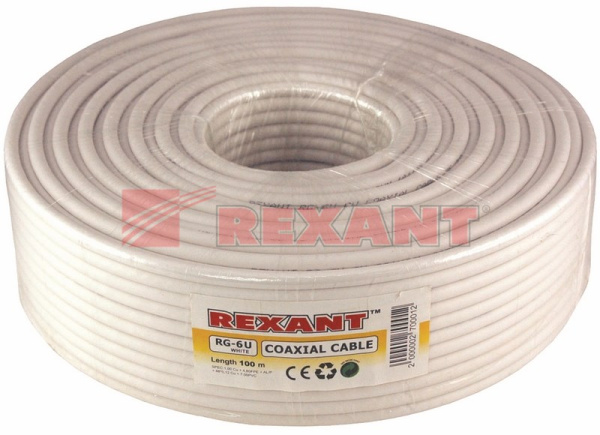Купить Кабель RG-6U, (64%), 75 Ом, 100м., белый Rexant 01-2201