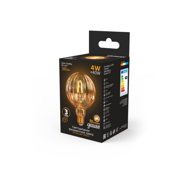 Купить Gauss Лампа Filament G100 4W 380lm 2400К Е27 golden Baloon LED 147802004