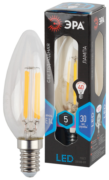 ЭРА F-LED B35-5W-840-E14 (филамент, свеча, 5Вт, нейтр, E14)