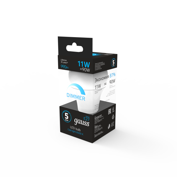 Купить Gauss Лампа A60 11W 990lm 6500К E27 диммируемая LED 102502311-D