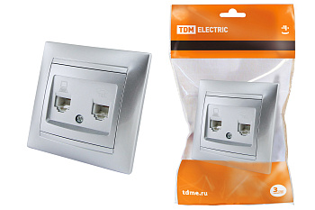 TDM Розетка телефонная RJ11 + компьютерная RJ45 серебр. металлик "Лама" SQ1815-0219