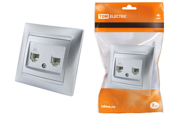 TDM Розетка телефонная RJ11 + компьютерная RJ45 серебр. металлик "Лама" SQ1815-0219