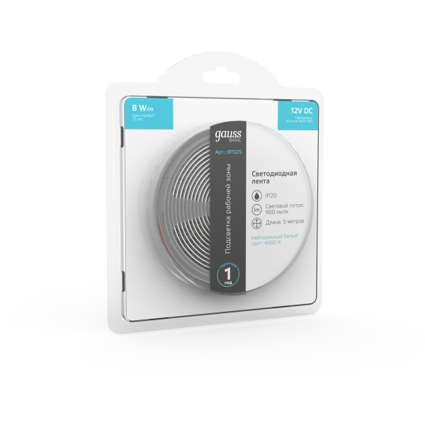Купить Gauss Лента Basic 12V 8W/m 900lm/m 4000K IP20 LED 5m 1/100 BT025
