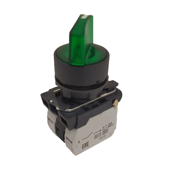 КЭАЗ Переключатель КПЕ1111РЛ-220В-зеленый-1но+1нз-ручка-фикс-2поз-индикатор-IP40