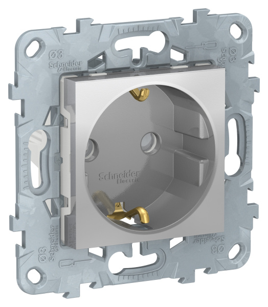 Купить SE Unica New Алюминий Розетка с/з со шторками, винт. зажим, 16А, 250В NU503730