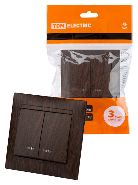 TDM Выключатель 2 кл. с подсветкой 10А венге "Лама" SQ1815-0405