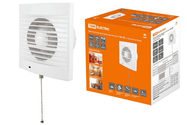 TDM Вентилятор бытовой настенный 150 СВ, с выключателем, SQ1807-0018