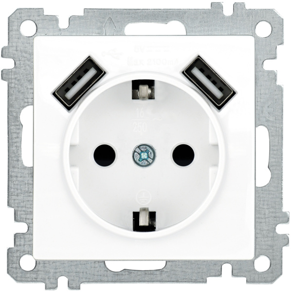 IEK BOLERO BOLERO Розетка Бел USBх2 2,1А с з/к с з/ш 16А РЮш10-1-Б ERB14-K01-16-U2