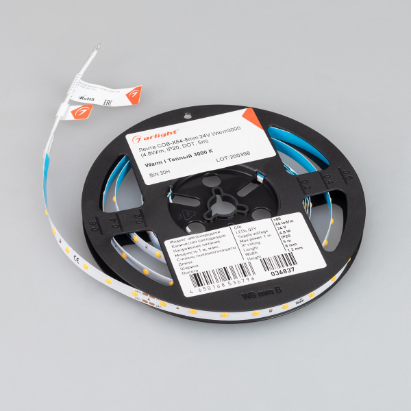 Купить Arlight Лента COB-X64-8mm 24V Warm3000 (4.8 W/m, IP20, DOT, 5m) (Открытый) 036837