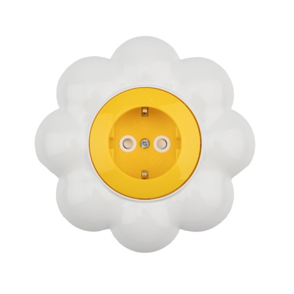 Kranz Розетка одноместная HAPPY с/у, с заземлением и защитными шторками Ромашка, желтая/белая KR-78-0622