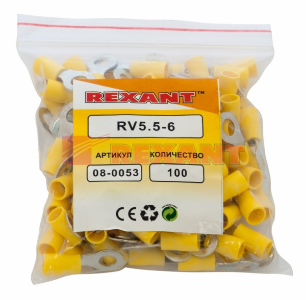 Купить Наконечник кольцевой изолированный ø6.5мм 4-6мм² (НКи 6.0-6 / НКи5,5-6) желтый Rexant 08-0053