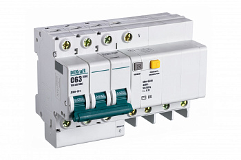 Dekraft Автоматический выключатель дифференциального тока АВДТ 3P+N 63А 100мА тип AC х-ка C ДИФ-101 4,5кА 15226DEK