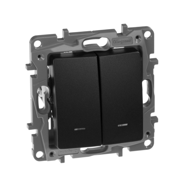 Legrand Etika Антрацит Выключатель 2-клавишный с подсветкой/индикацией, авт.клеммы, 10 AX, 250 В 672604