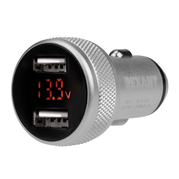 Автозарядка в прикуриватель 2хUSB с дисплеем (АЗУ) (1000+2100 mA) серебристая Rexant 18-1947
