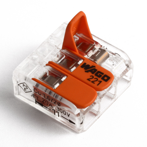 Купить Wago клеммы для всех типов проводников; макс. 4 мм²; 3-проводн.; с рычагами; прозрачный корпус 221-413